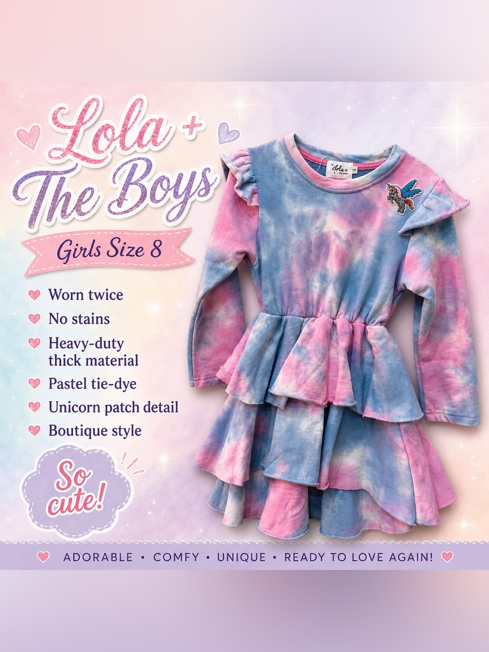 Lola + The Boys Pastel Pink & Blue Tie-Dye Ruffle Dress with Unicorn Patch